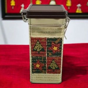 Vintage Christmas Tin Box Gold Holiday Tree Stars Decorative Storage Container
